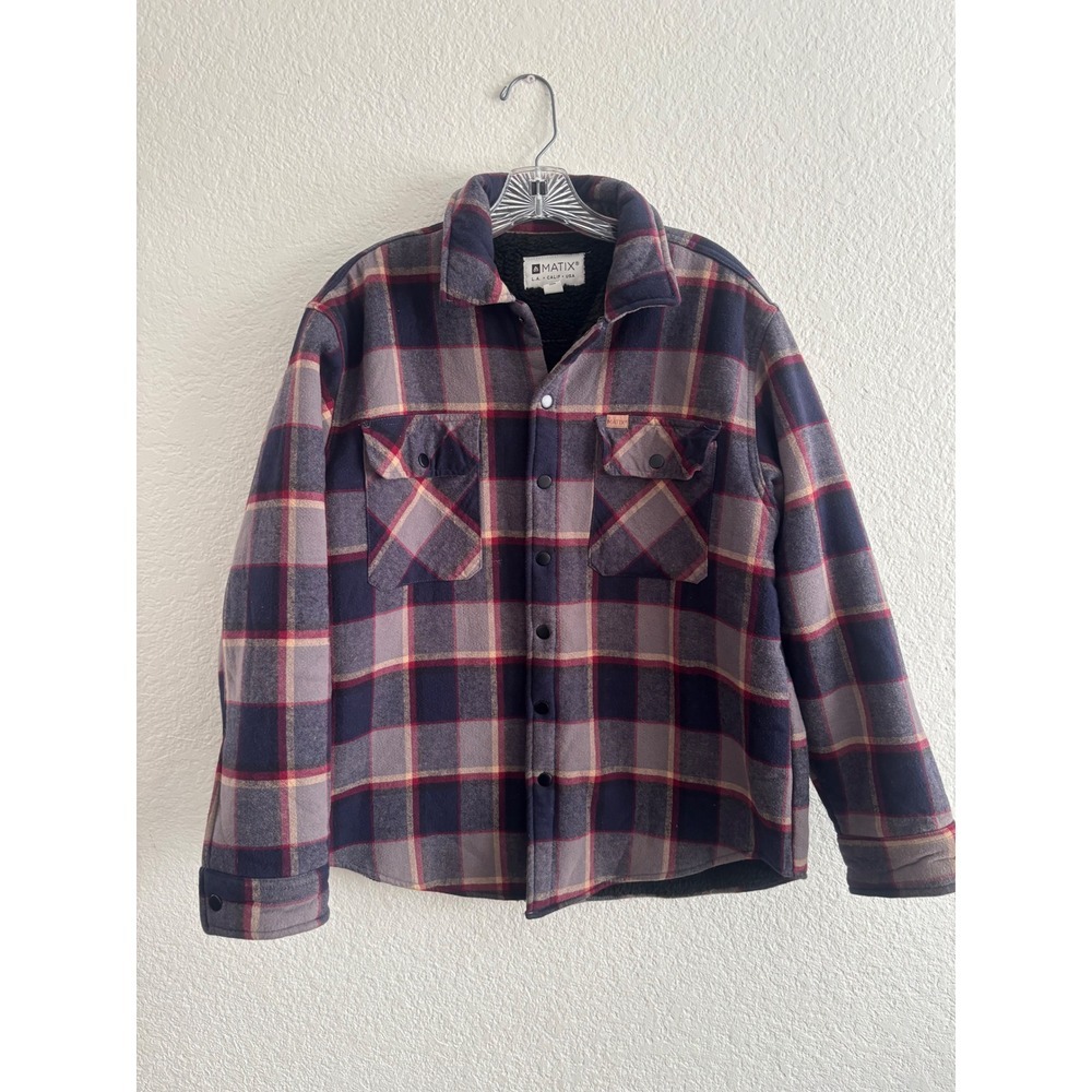 Matix Flannel Shirt Jacket Large Sherpa Lined Plaid Snap Front Navy Burgundy